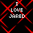 Black background with red geometric lines forming a pattern, overlaid with white pixelated text reading "I LOVE JARED" in four identical sections