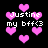 Pixelated pink hearts float over black background with repeated white text 'Justine my bff<3' in four clusters.