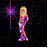 Animated contact sheet showing four frames of a pixelated blonde woman in a purple dress with changing star effects against a black background.