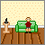 Pixel art animation of a character on a green couch with text changes, showing phone ring alerts and a mistaken love confession.