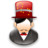 Pixelated icon of a figure in a red top hat with gold accents, black suit, white shirt, and red bow tie against a gray background.