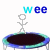 A pixelated animation shows a stick figure bouncing on a trampoline with the text 'wee' in blue and cyan above it, transitioning from standing to mid-air jump.