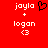 Red background displays two identical text-based buddy icons with 'jayla' above '+' and 'logan' below, each featuring a white pixelated heart symbol.