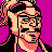 Pixelated 48x48 static icon of a character with peach skin, black hair, and glasses against a solid magenta background.
