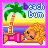 Pixelated beach scene with a woman in pink bikini lying on sand under palm tree, text "beach bum" above.