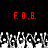 Red text 'F.O.B.' appears twice on a black background above pixelated white and gray shapes resembling hands or abstract forms.