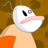 Pixelated cartoon character with white face, pink beak, and one black eye visible against brown background.