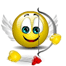 Animated yellow smiley face with blue eyes, white wings, and a bow holding a red heart arrow; the head turns left to right across frames.