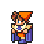 Pixelated character with orange hair and blue outfit in multiple poses with radiating lines on gray background.