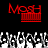 Red pixelated text 'Mosh' above a red striped rectangle on black background, with white and gray pixelated shapes below.