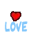 Pixelated red heart icon with blue 'LOVE' text above and below on white background.