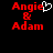 Red pixelated text 'Angie & Adam' on black background with white heart symbol replacing 'e' in 'Angie' in one frame.