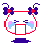 A 4-frame pixel art animation of a round white character with red outline, blue butterfly bows, pink cheeks, and light blue tears crying on a gray background.