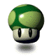 Green and light green mushroom-shaped character with black oval eyes, floating above a white background.