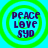 Four identical circular icons with green concentric rings on a cyan background, each displaying 'PEACE LOVE SYD' in dark purple text.