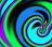 Pixelated abstract composition of swirling cyan, green, purple, and blue hues forming a spiral pattern with dark central voids.