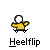 Pixelated character in yellow shirt and white head performing a heelflip on skateboard with red ramp elements, text "Heelflip" below.