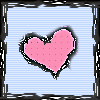 Two heart-shaped icons with pink polka dots on light blue striped backgrounds, framed by black and white pixelated borders.