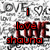Pixelated red text 'love me shouno' with black outlines on a gray and white pixelated background.