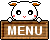 Two side-by-side pixel art frames of a cartoon hamster character peeking over a wooden sign with the word "MENU" in white text, showing subtle facial expression changes between frames.