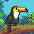 Pixel art toucan on a branch with animated head movements against a forest background.