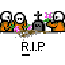 Animated contact sheet of a pixel art character in orange shirt interacting with tombstones and flowers across seven frames.