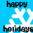 Blue background with white snowflake symbols and black text reading 'happy' above and 'holidays' below the snowflakes.