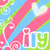 Pixelated icon with diagonal pink stripes on blue background, white outlined 'i' and green 'y', light blue heart shape, and white swirls.
