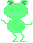 Two side-by-side pixel art frames of a green frog-like character with gray eyes and purple mouth, standing on a gray background.