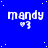 Blue background with white stars, repeated 'mandy' text and heart-3 symbols in pixelated font across a