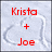 Red text displays 'Krista + Joe' on left and '1.22.08' on right over light gray background with faint curved lines.