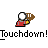 Animated contact sheet of a pixel art football-themed buddy icon showing sequential touchdown celebration frames with repeated text and props.