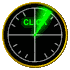Circular clock face with black background, yellow border, and white tick marks; green text 'CLICK' or 'HERE' appears at top or bottom while a bright green arrow rotates clockwise through four positions.
