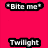 A static buddy icon with a split background: bright pink top-left, purple bottom-left, and gray bottom-right. Text reads "Bite me" at top, "Twilight" in middle, and "Obsessed With <3 Edward Cullen" in red at bottom.
