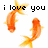 Pixelated orange fish with yellow fins swim in a circular pattern around black text reading 'i love you' and 'like a pet fish'.