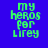 Four pixelated display green text 'my heros for lirey' on blue, purple, pink, and dark purple backgrounds