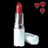 A red lipstick tube with a white base and silver band appears in six positions against black background, each paired with three small heart icons that change between solid red and outlined black
