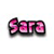 Pixelated text 'Sara' in pink and white gradient with black outline on white background.