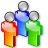 Three pixelated human figures with silver heads stand side-by-side, colored red-orange, blue, and green from left to right against a gray background.