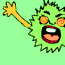 Green spiky creature with two faces, orange eyes, and open mouths showing teeth; yellow arms extend from sides against light green background.