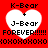 Red background with four white heart shapes, each containing 'K-Bear + J-Bear' text and surrounded by repeated 'FOREVER!!!!!' and 'XOXO' pixel patterns.