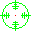 Green pixelated circular frame with four cross-shaped symbols at cardinal points, red center dot on left image and red plus sign on right image against gray background.