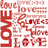 Red 'LOVE' text in various fonts and sizes arranged in a dense wordwall on white background with gray corner.
