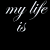 Black background with white cursive text phrases arranged in a , including "my life is brilliant," "my love is pure," and "i saw an angel." A solid gray rectangle occupies the bottom-right corner