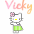 Pixel art contact sheet showing two frames of an animated Hello Kitty icon with 'Vicky' text above, featuring a character in green striped dress and pink bow waving.