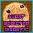 Pixelated chocolate chip cookie with two dark chips, brown background, and pink text reading 'sugar addicted diabetic' in three lines.