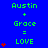 Blue background with green text reading 'Austin + Grace = LOVE' repeated three times, each instance accompanied by red heart symbols increasing in number from one to five across the