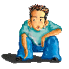Animated pixel art of a crouching figure in blue clothing exhaling smoke, with three sequential poses showing smoke movement from mouth to right side.