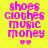 Pixelated text listing 'shoes clothes music money' in pink on yellow background with two hearts below, alternating green horizontal bars across the top and bottom