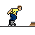 Pixelated animation of a figure in yellow shirt and blue pants performing roller skating moves on brown platforms.